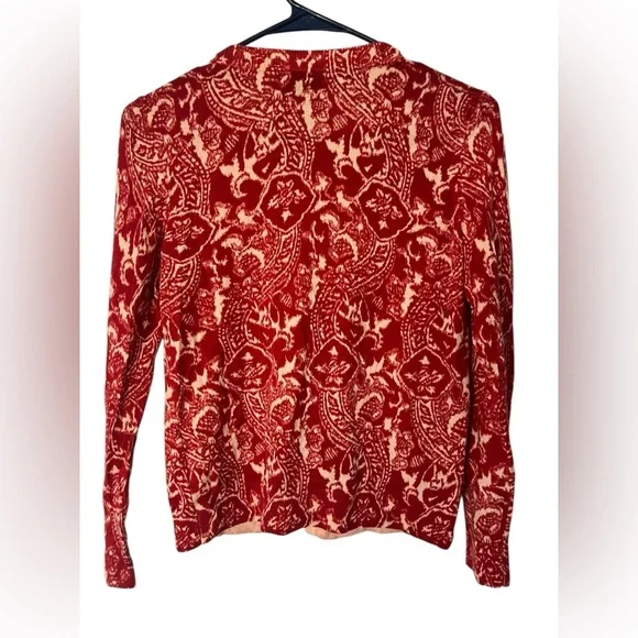 Italian Merino Wool Cardigan Red Rust Cream Paisley Preppy Cottagecore Layer SP - Picture 2 of 3